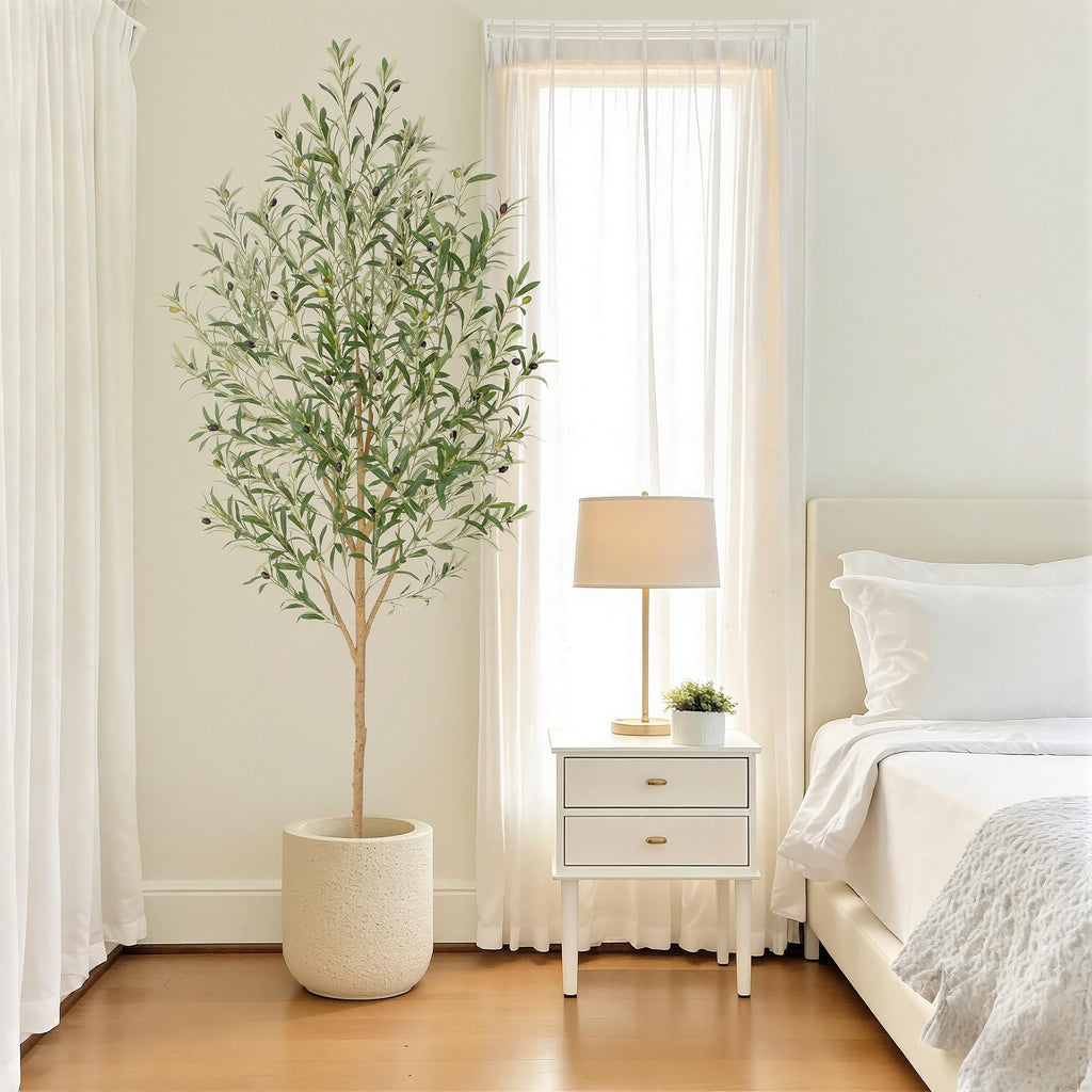 7ft Faux Olive Tree with Warm White Spotlight & Real Wood Trunk, 84in Artificial Olive Tree with Lifelike Fruits &
