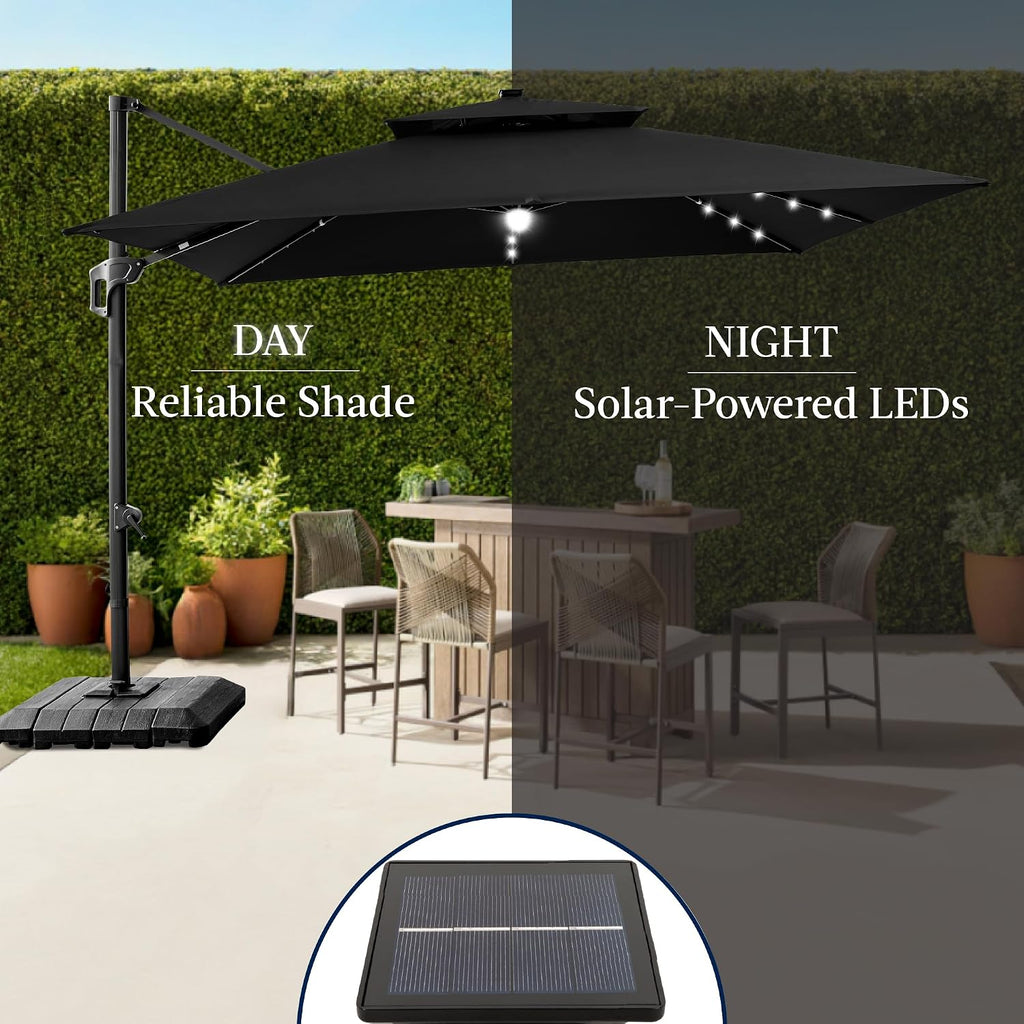 9x12ft LED Cantilever Patio Umbrella w/Base Included & 360° Rotation