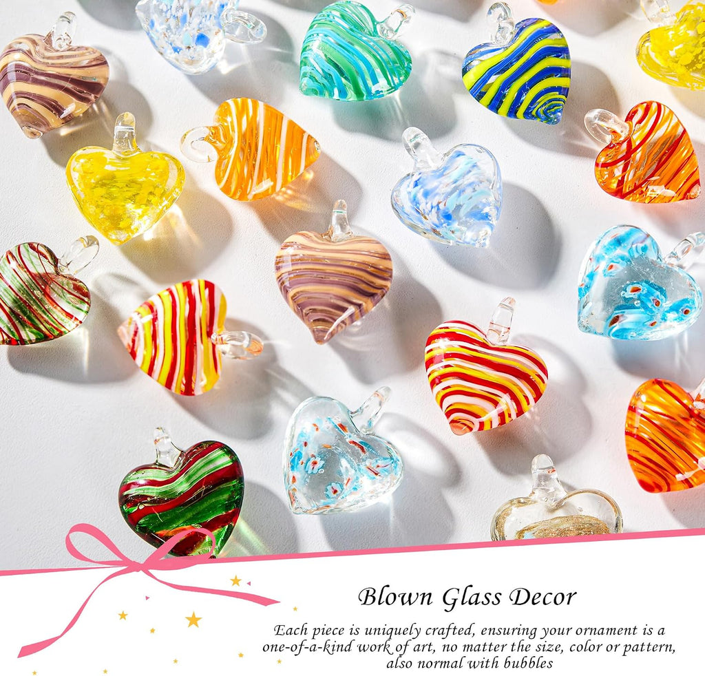 Blown Glass Heart Ornaments 1.4'' Multi-Colored Heart Baubles Hanging - Set of 12