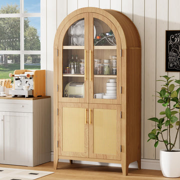 Arched Storage Cabinet with Glass & Rattan Doors, Tall Coffee Bar Cabinet with Robot Vacuum Clearance, Natural Wood