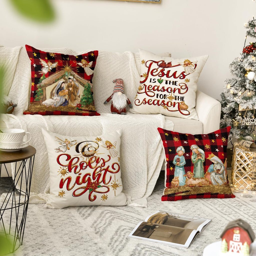 Christmas O Holy Night Jesus Cardinal Buffalo Plaid Throw Pillow Covers, 18 x 18 Inch Christmas Saying Winter Holiday - Set of 4