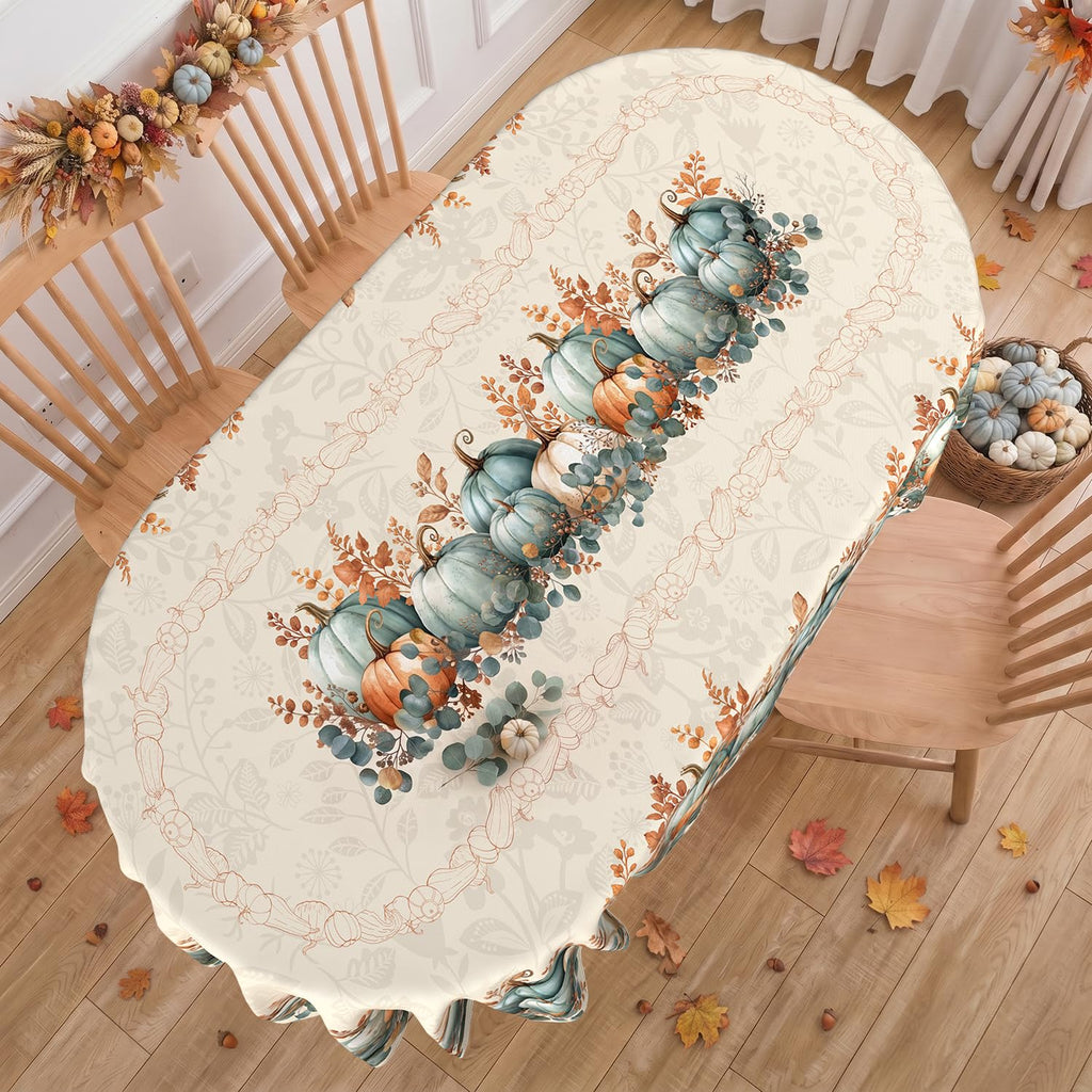 Fall Oval Tablecloth 60 x 84 Inch, Stain Resistant Washable Fabric Autumn Pumpkin Table Cloth Oval Fall Tablecloth