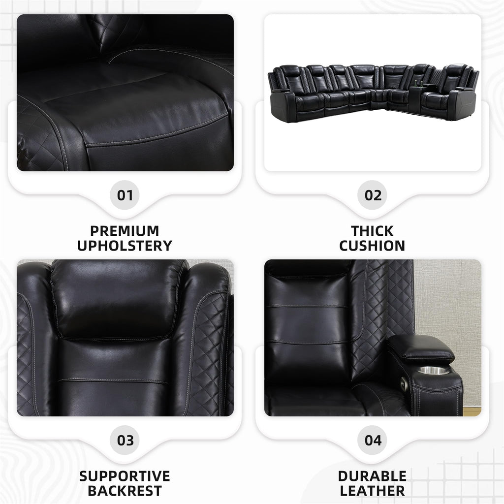 Black Power Reclining Leather Sectional Couch, LED Lighting Recliner Sofa with Storage Console, Cup Holders &