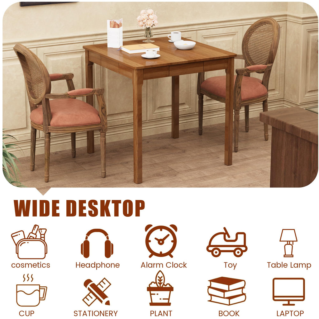 Solid Wooden Desk with Drawers - 29.5" Square Dining Table for 2-4 People, Rubberwood Mid Century Modern Desks, Small