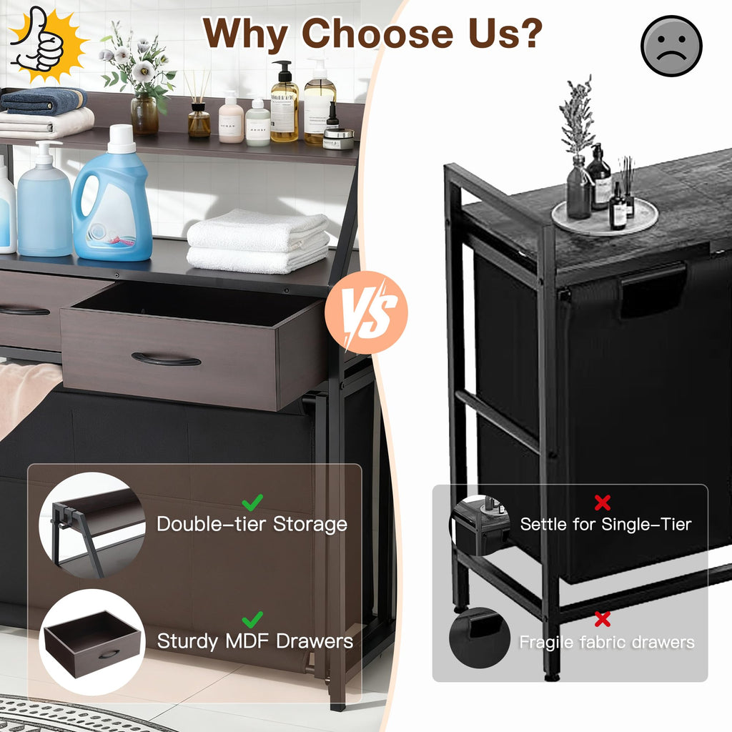 Laundry Hamper with Shelf, 2 Tier Rolling Laundry Hamper 3 section, Laundry Sorter Basket with Wheels, Pull-Out