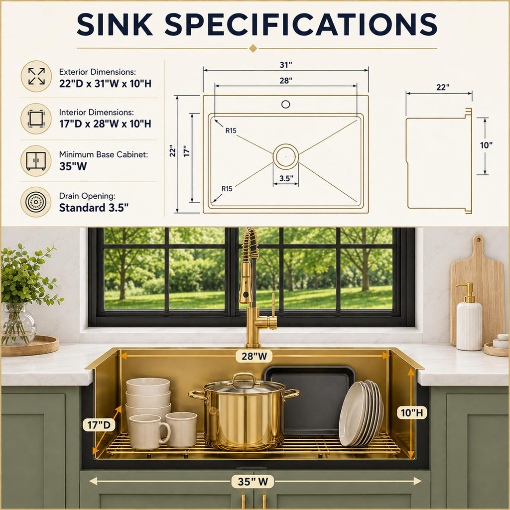31 Inch Gold Drop- Sink, 16 Gauge Workstation Sink