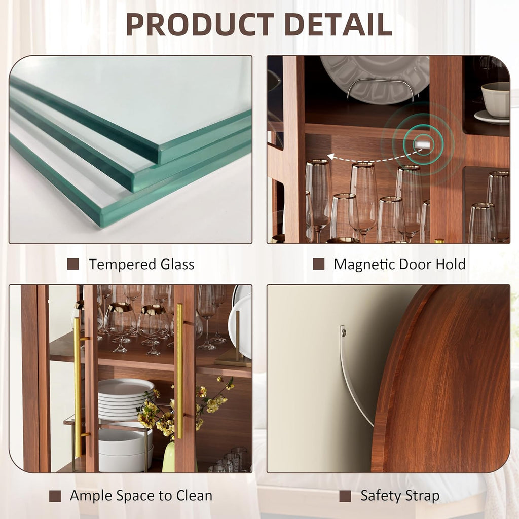71" Arched Display Cabinets with LED Lights and Glass Doors,Brown | Curio Cabinet and 2 Drawers, Human Sensor Lights