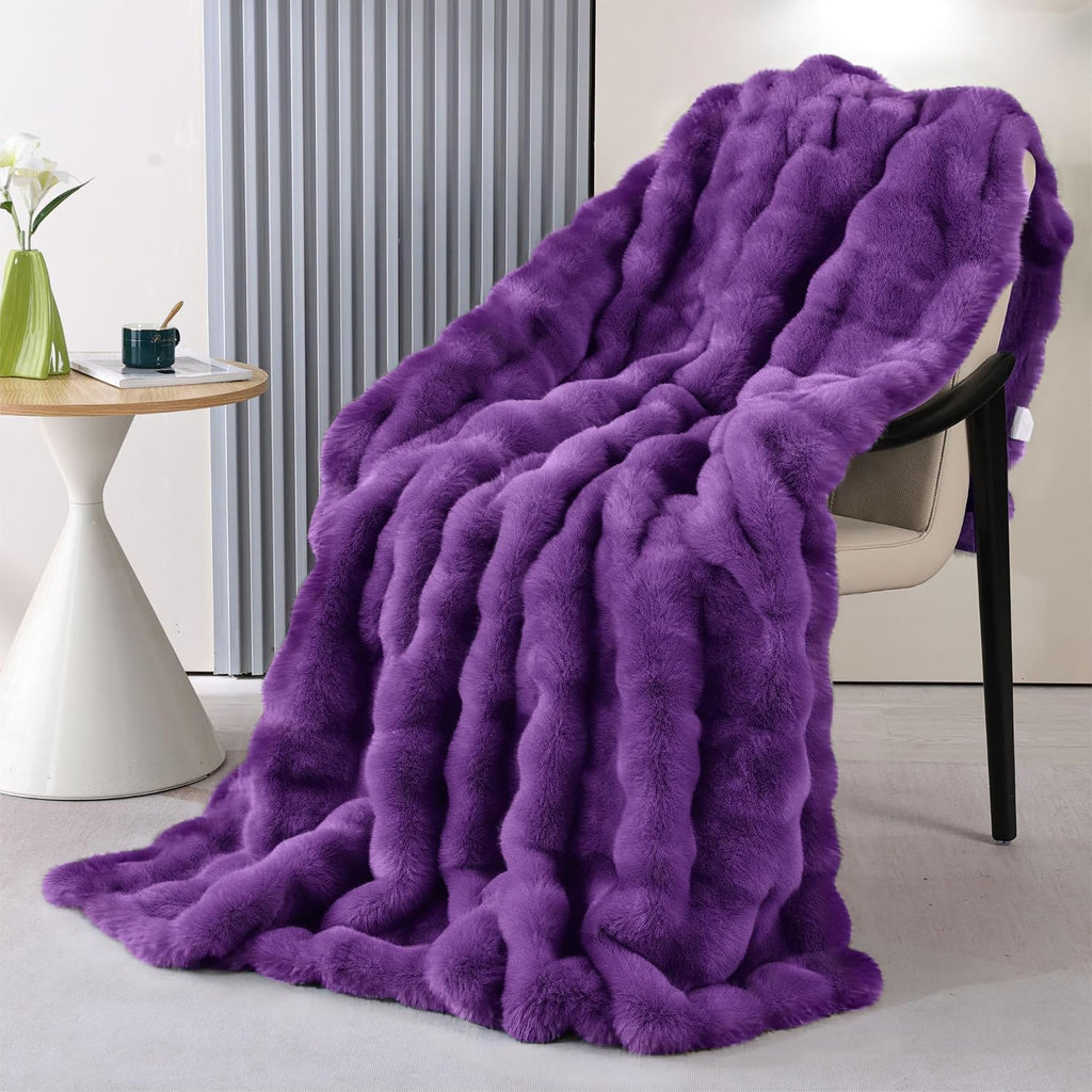 Purple Faux Fur Throw Blanket for Couch, Double-Sided Bubble Textured Plush Blanket with Soft Flannel Back