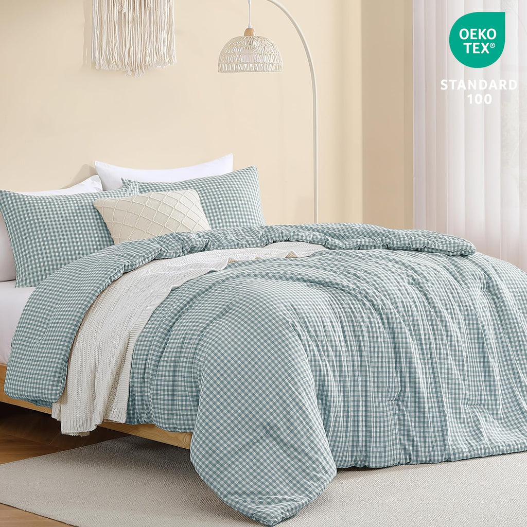 Blue Gingham Comforter Set, 3 Pieces Bedding