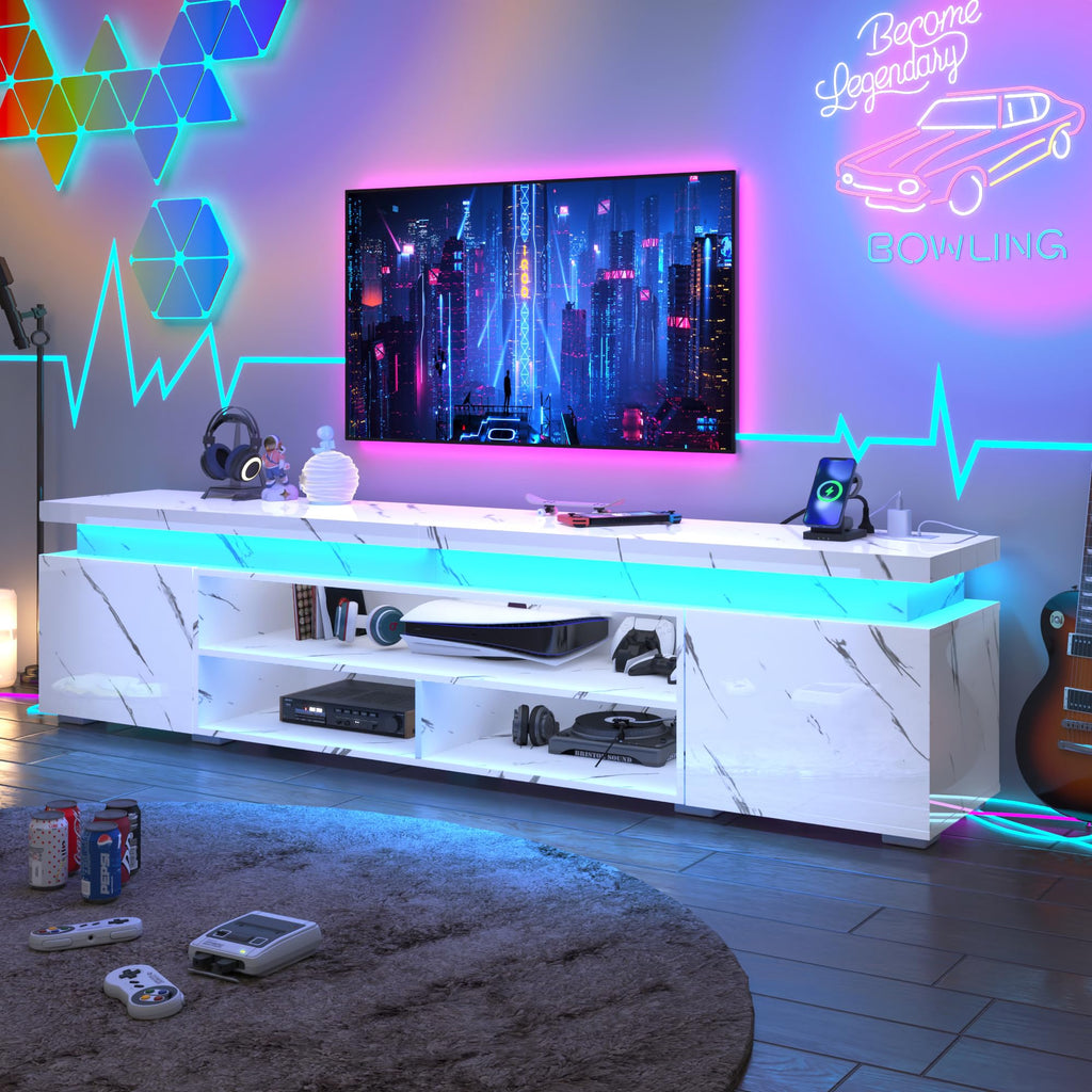 LED TV Stand for 95 Inch TV, Modern TV Stand with Power Outlet, High Gloss TV Console Entertainment Center with