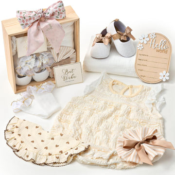 Wooden Baby Gift Basket Newborn Girls Baby Shower Gifts Cloth Set with Bodysuit/Soft
