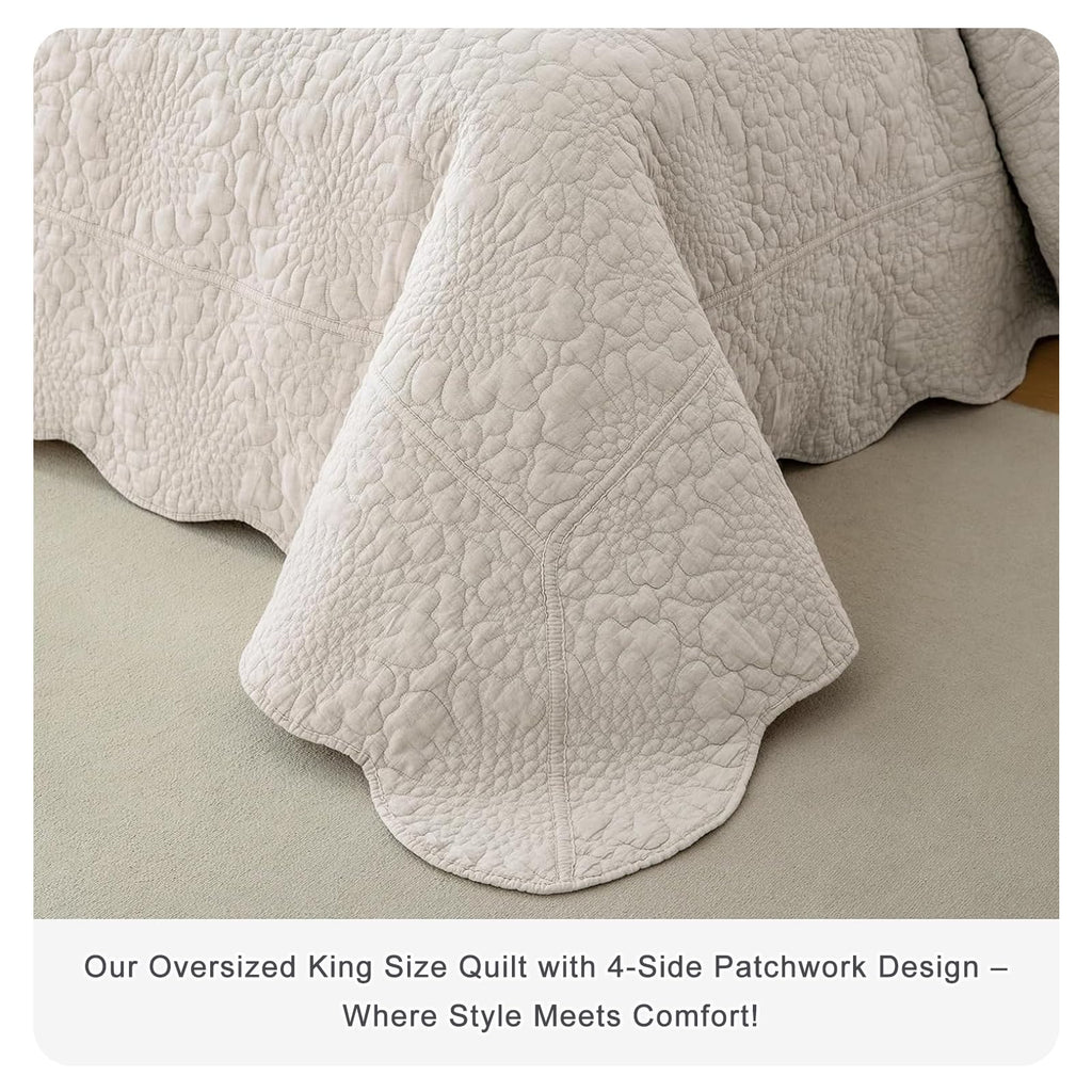 Light Wheat Stonewashed Cotton Oversized King Quilt Bedspread (128"x120"), 3PCs Farmhouse Rustic Wave Pattern