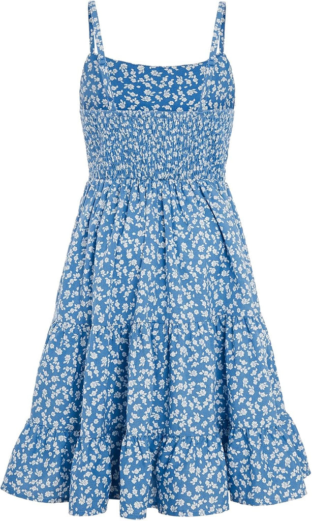 Girl's Floral Sleeveless Ruched Ruffle Hem A Line Cami Short Dress