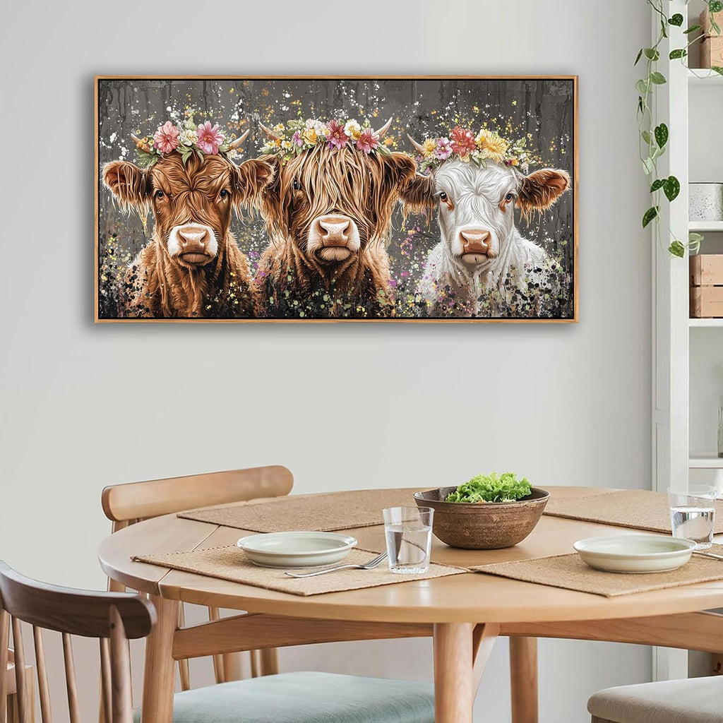 Highland Cow Wall Art - Rustic Farmhouse Wall Art for Country Wall Decor, Vintage Artwork for Walls, Framed Pictures