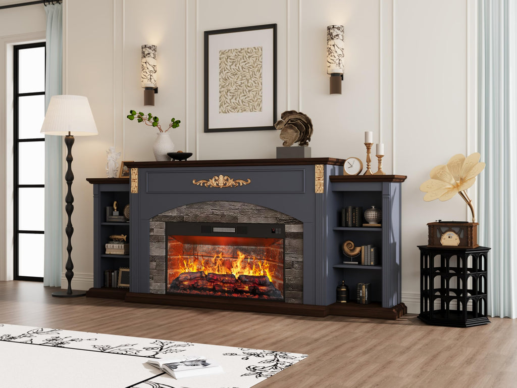 80" Fireplace TV Stand with Mantel, Navy Blue Entertainment Center with Brown Wood-Look Top & Gold Carved Accents