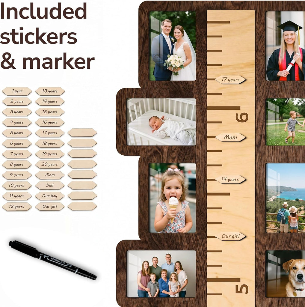 Wooden Growth Chart for Kids with 22 3.5"x5" Photo Frames, 58x15 Inch Height Chart for Wall, Inch Measurement Ruler