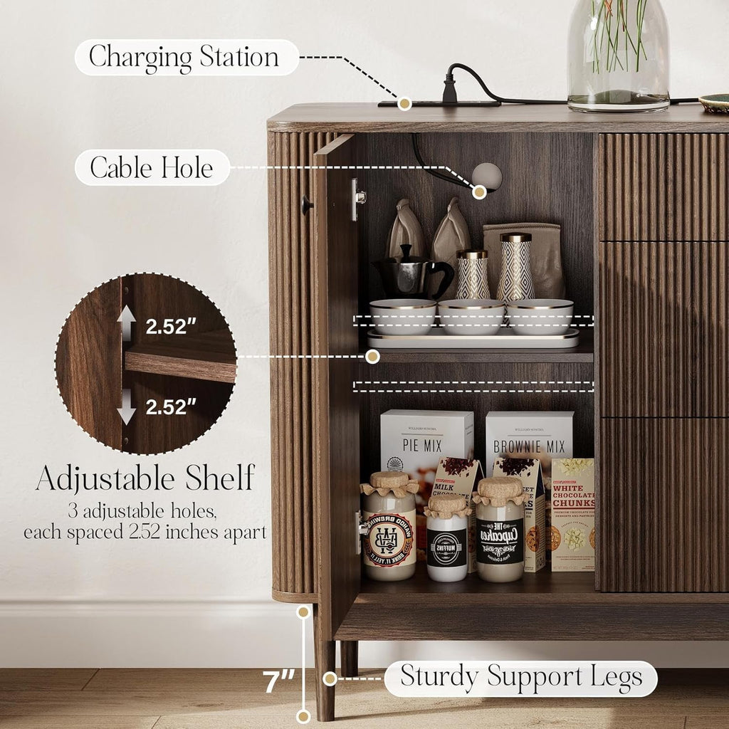 59" Buffet Cabinet with Drawers, Large Fluted Sideboard Buffet Storage Cabinet with Charging Station