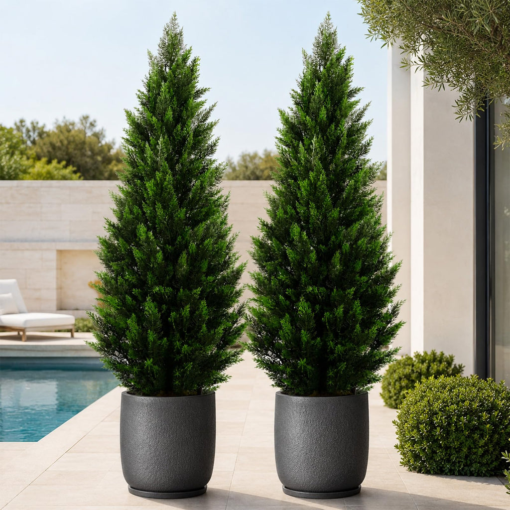 Artificial Topiary Cedar Trees 5FT Tall 2 Set, Outdoor Indoor Faux Pine Shrubs Plants, Realistic Fake Plants Front