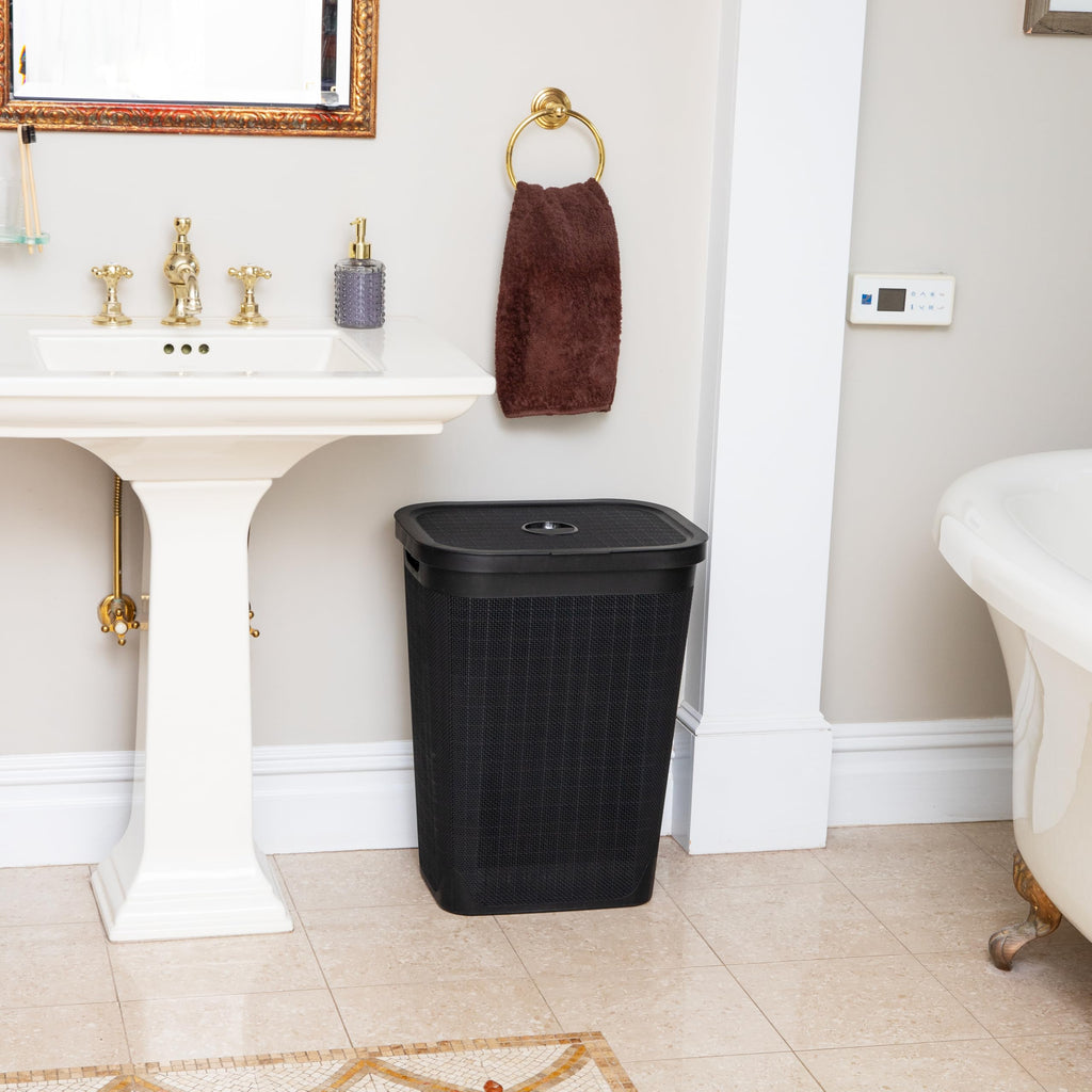 Slim Laundry Hamper with Lid, 50L Clothes Basket, Premium Wicker Design, Plastic, Black