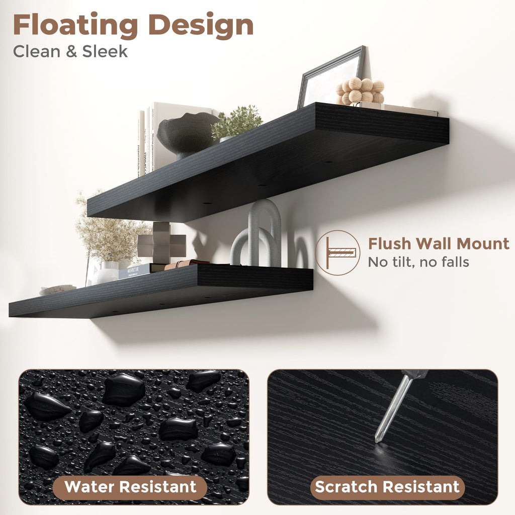 48 Inch Floating Shelves, 9"Deep Wall Shelf, 60 Lbs Capacity, Black, 2pcs