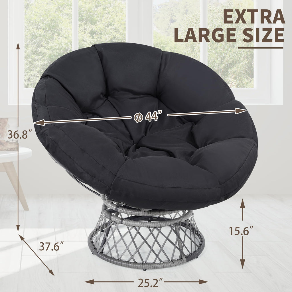 46" Oversized Rattan Papasan Chair, Grey Frame with Black Cushion