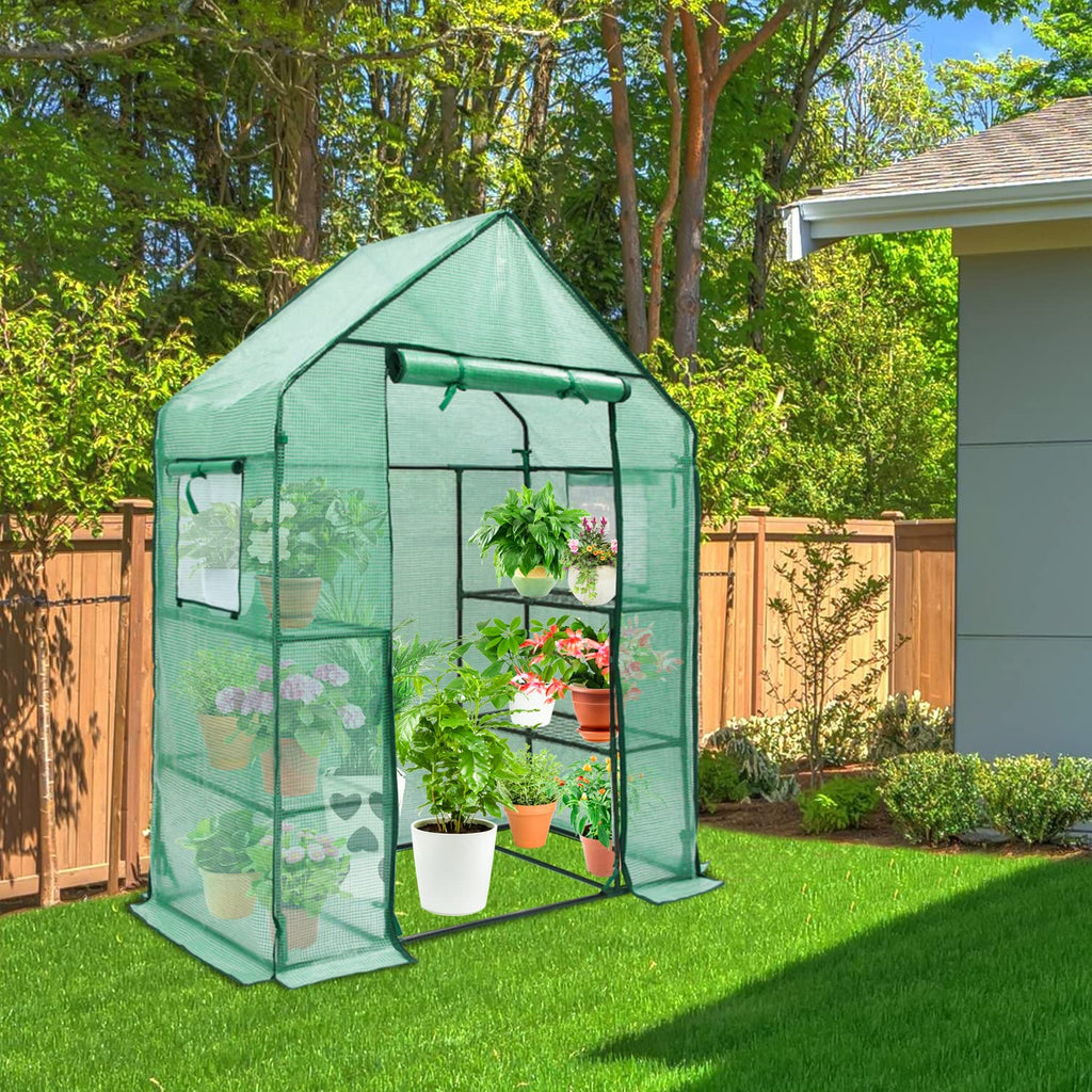 Greenhouse for Outdoors with Mesh Side Windows, 3 Tiers 4 Shelves Small Walk-In Green House Plant Stands Plastic PE