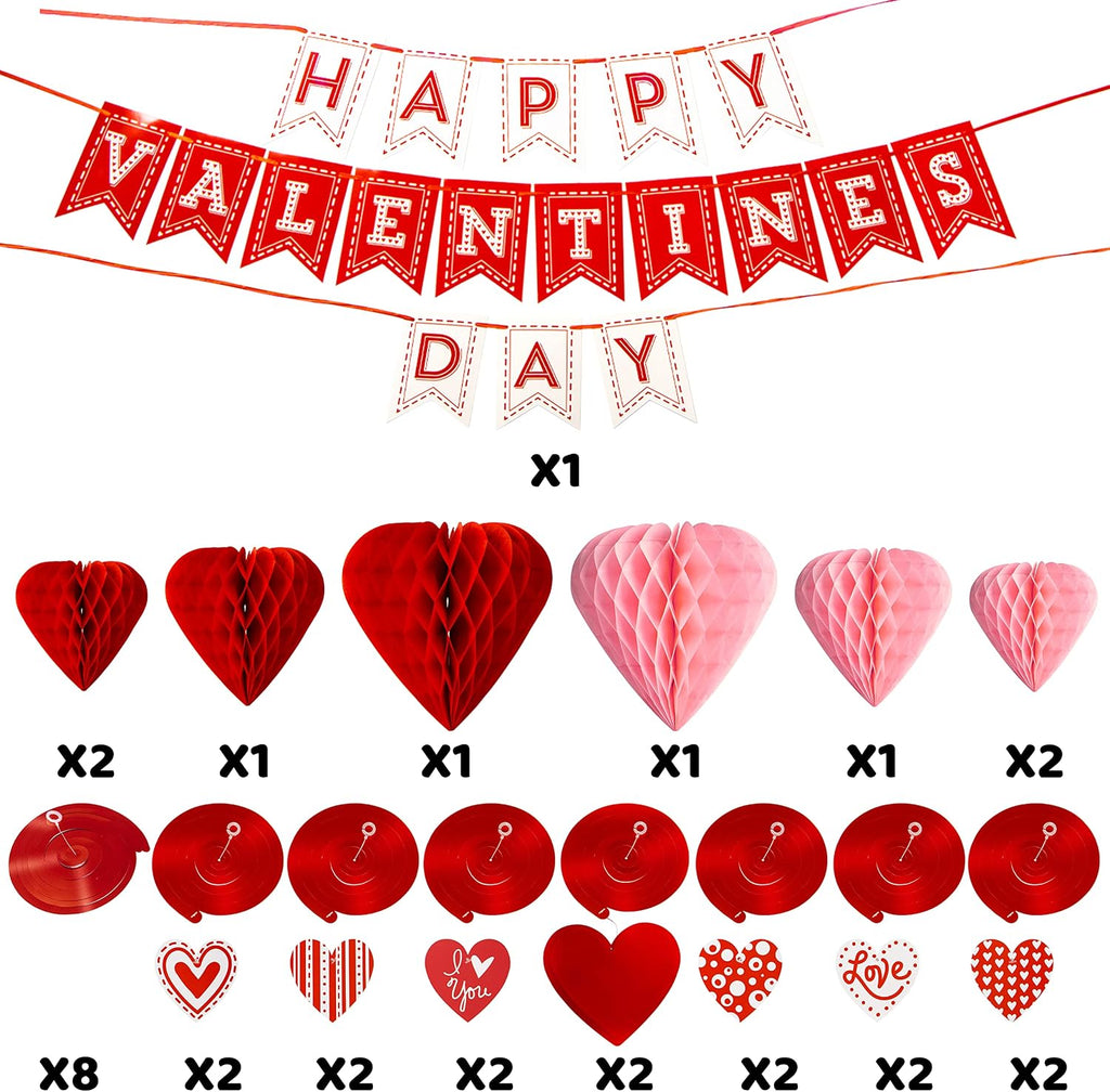 Valentines Day Swirl String Cutout,Decoration Kit with Banner, Garland, Foil Swirls, Hanging Swirls with Heart - Set of 31