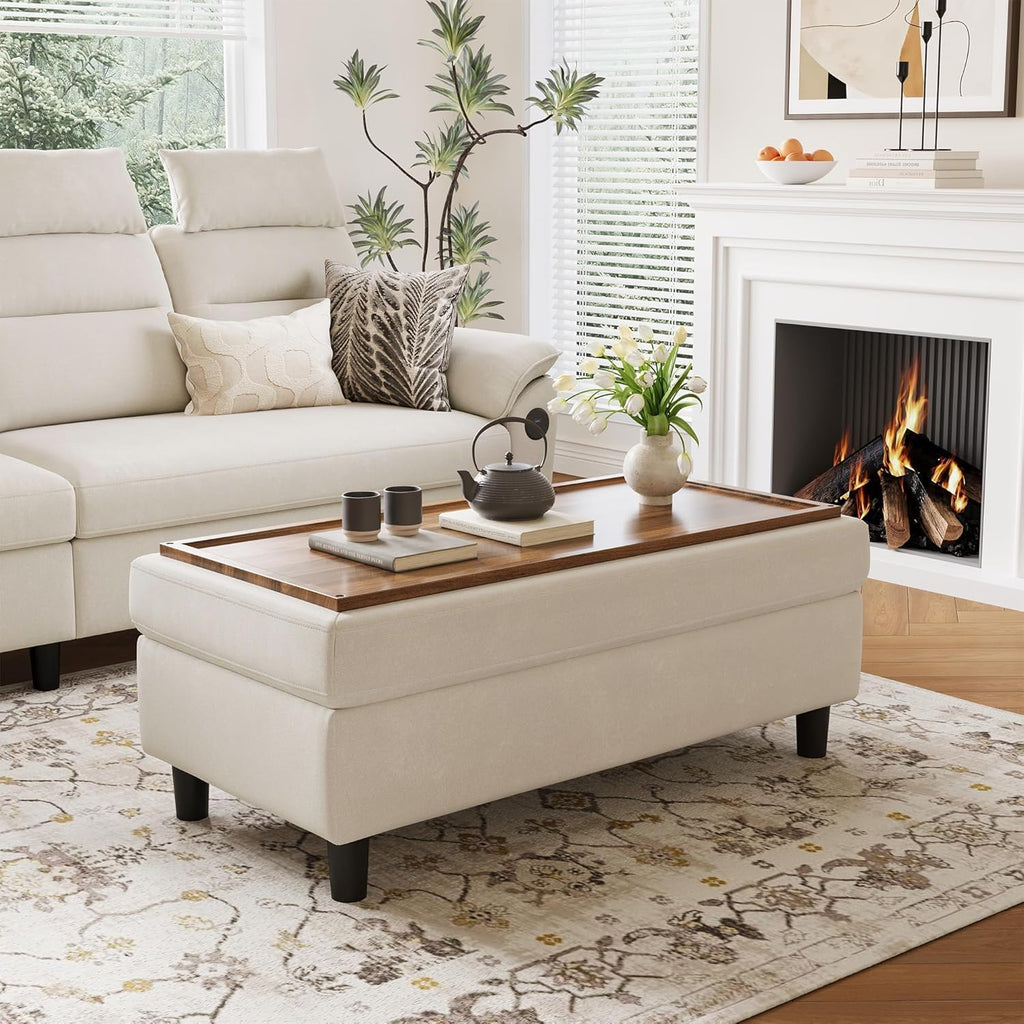 46 Inches Wide Storage Ottoman Bench, Linen Coffee Table Folding Long Shoes Bench Footstool, Storage Chest, Foot Rest