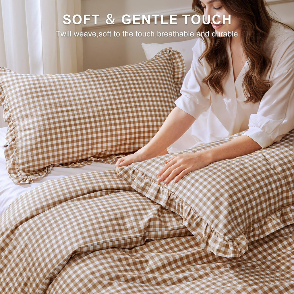 Ruffle Gingham Duvet Cover Brown/White, 100% Cotton