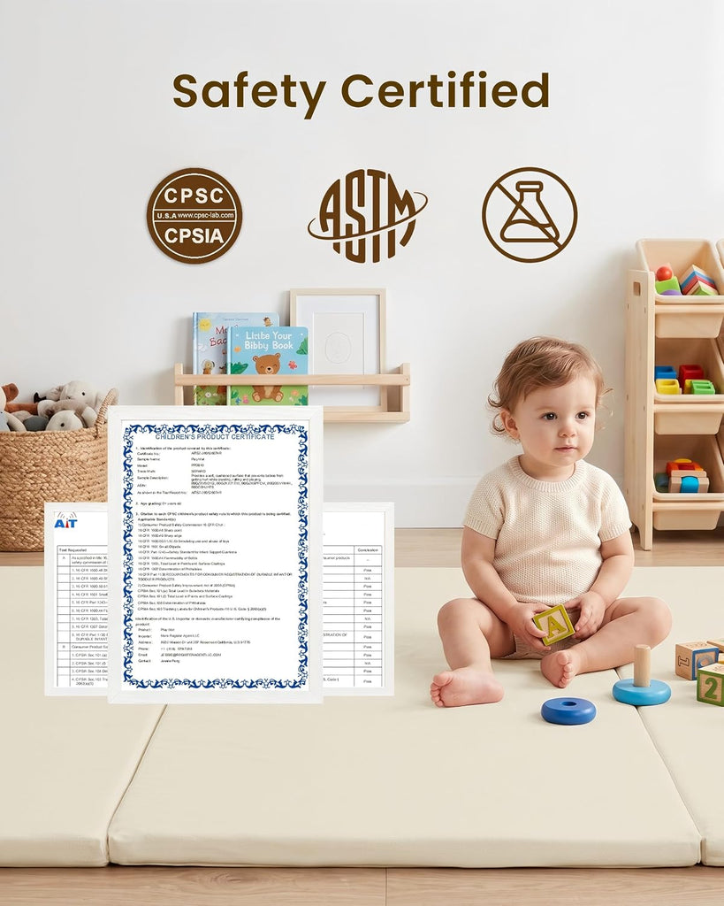 Foldable Baby Play Mat,Vegan Leather 71x59 Baby Mat for Floor,Beige