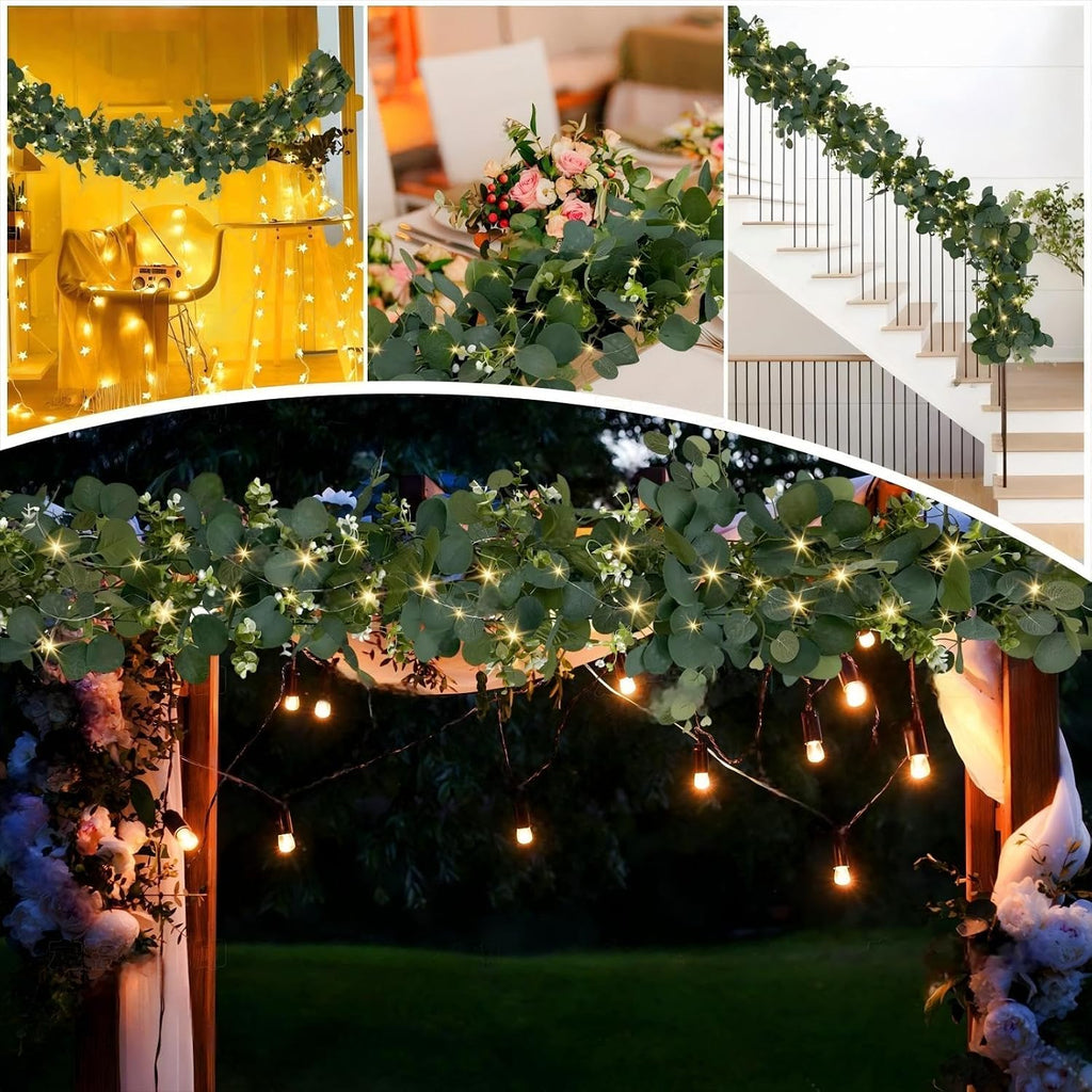 Eucalyptus Garland with Lights, 2 Packs 6FT Green Flower Garland Decor, Artificial Faux Eucalyptus Leaves Greenery - Set of 2