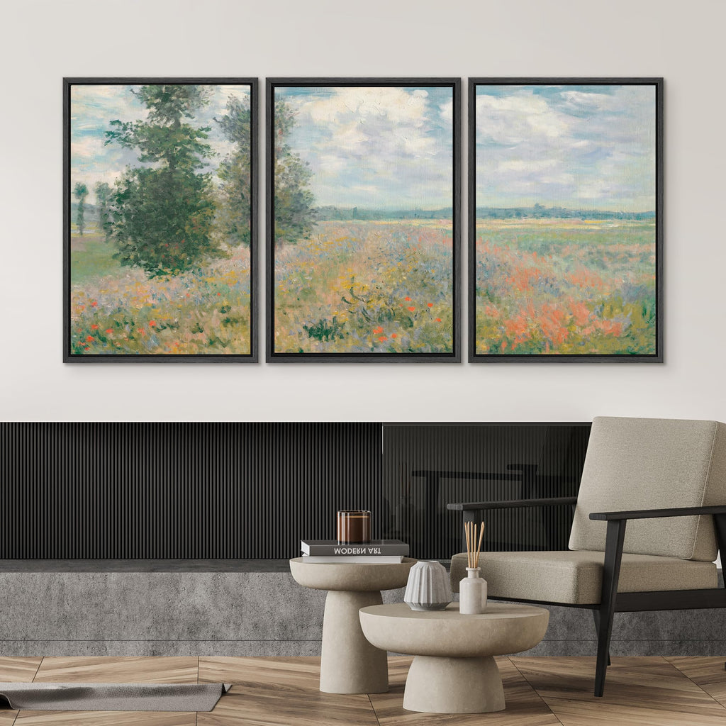 Framed Wall Art Print Set Monet Style Floral Field Illustrations Modern Art Chic Multicolor - 24"x36"x3 Black