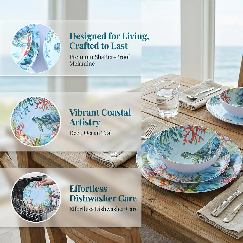 12-Piece Turtle Melamine Dinnerware Set, Ocean Plate and Bowl Sets