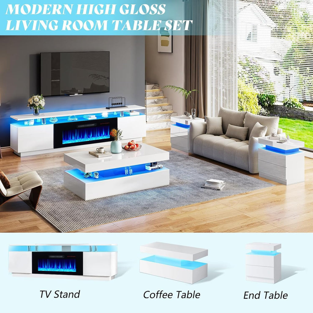 Fireplace TV Stand with 36" Fireplace, 70" Modern Fireplace Entertainment Center LED Lights, 2 Tier TV Console