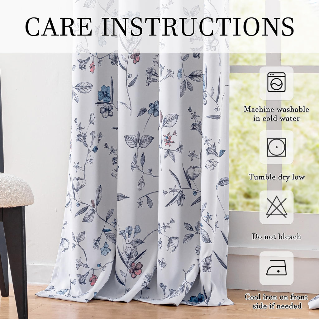 100% Navy Blue Blackout Floral Curtains 96 Inches Long 2 Panels