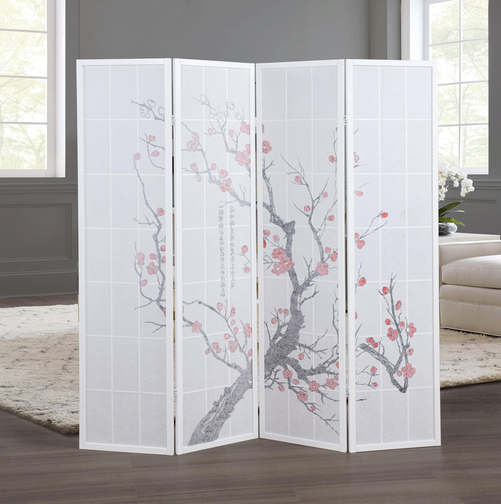 White Japanese 4-Panel Screen Room Divider, Plum Blossom