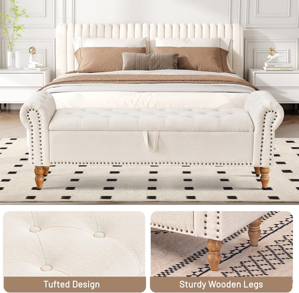 63" End of Bed Bench, Bedroom Bench with Button-Tufted, Large Upholstered Storage Ottoman Benches Entryway Bench with