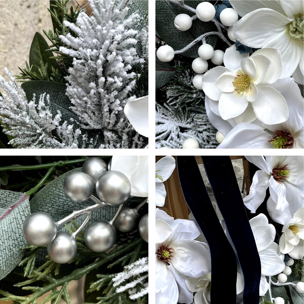24 inch Winter Wreaths for Front Door, White Magnolias & Blue Ribbon