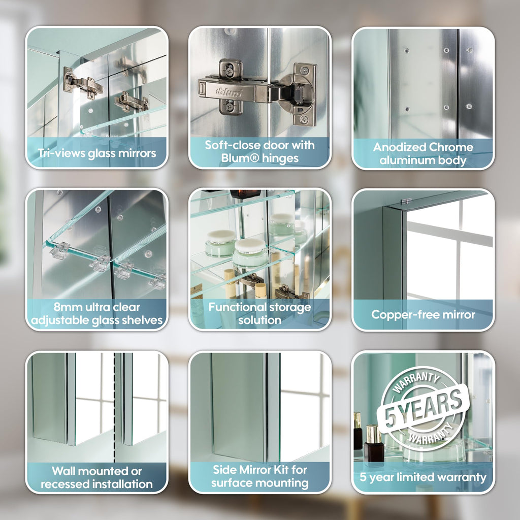 36" x 30" Rectangle Medicine Cabinet Mirror, Surface Mount or Recessed Medicine Cabinet with Tempered Mirror