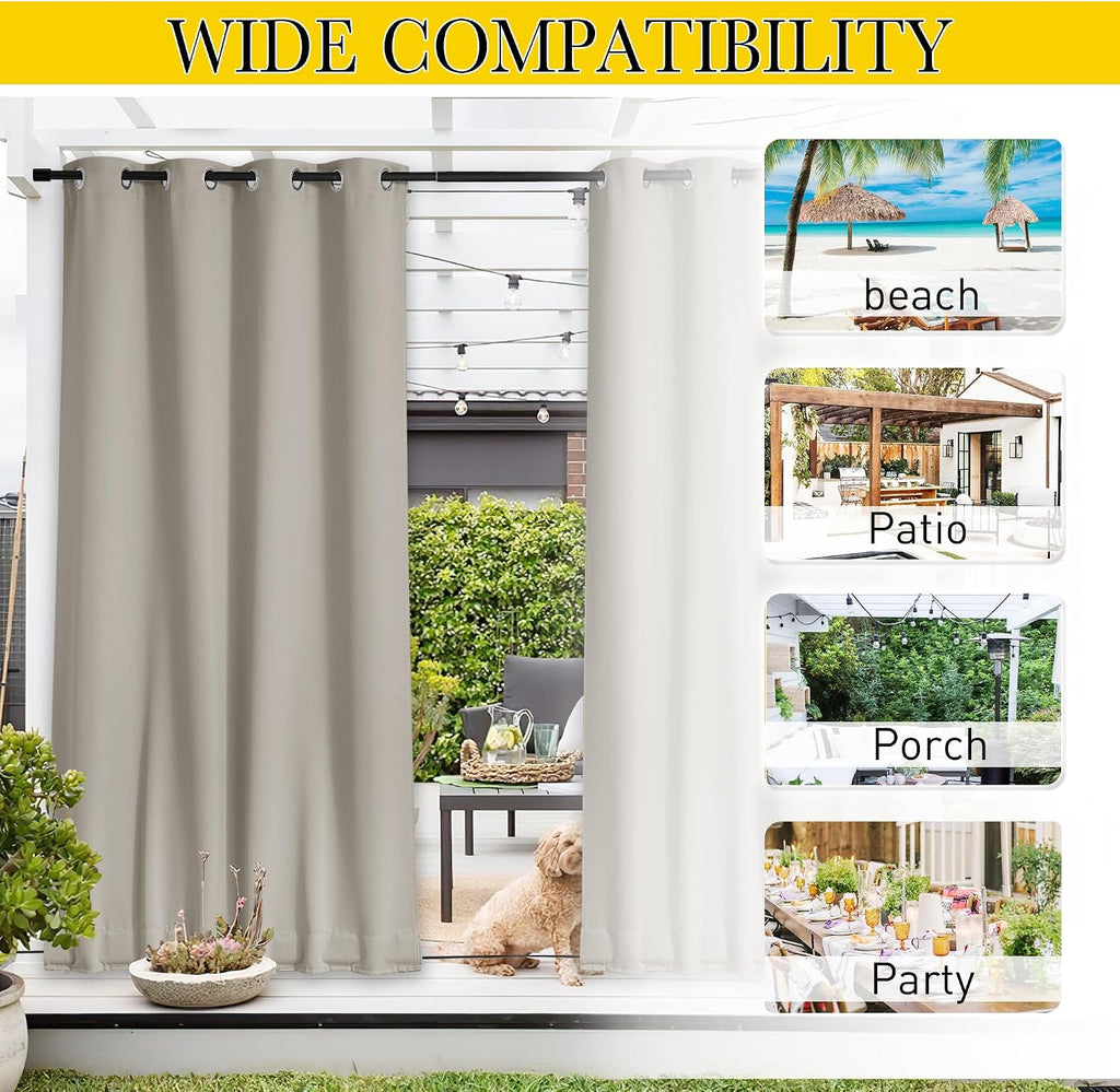 Windproof Outdoor Curtains Waterproof W84xL108 Natural | Premium Thick Privacy Weatherproof UV Block Drapes Grommet