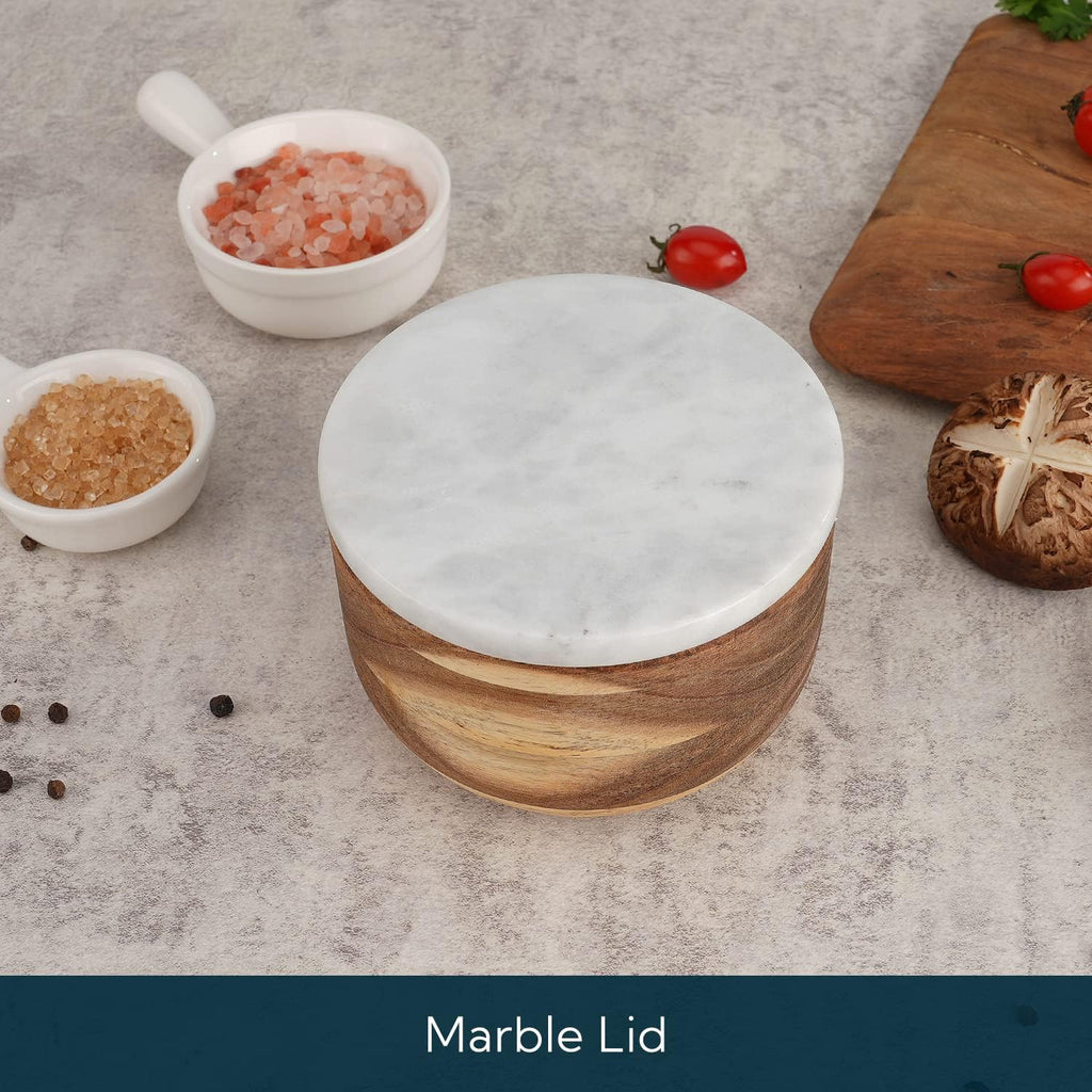Large Acacia Salt Cellar Box Bowl with Built-in Spoon and Marble Lid, Solid Natural Acacia Wood Bath Sea Salt