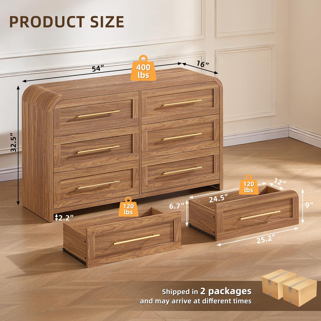 6 Drawer Dresser, Curved Chest of Drawers, Brown