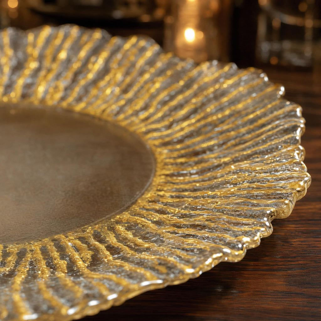 Gold Reef Glass Charger Plates, Set of 12-13 Inch Round Clear Chargers for Dinner Settings with Bottom Foil Accent