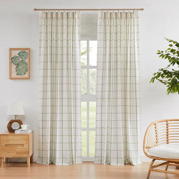 Sage Green Plaid Linen Pinch Pleated Semi Sheer Curtains Checkered Light Filtering Window Panels 84 inches Long for