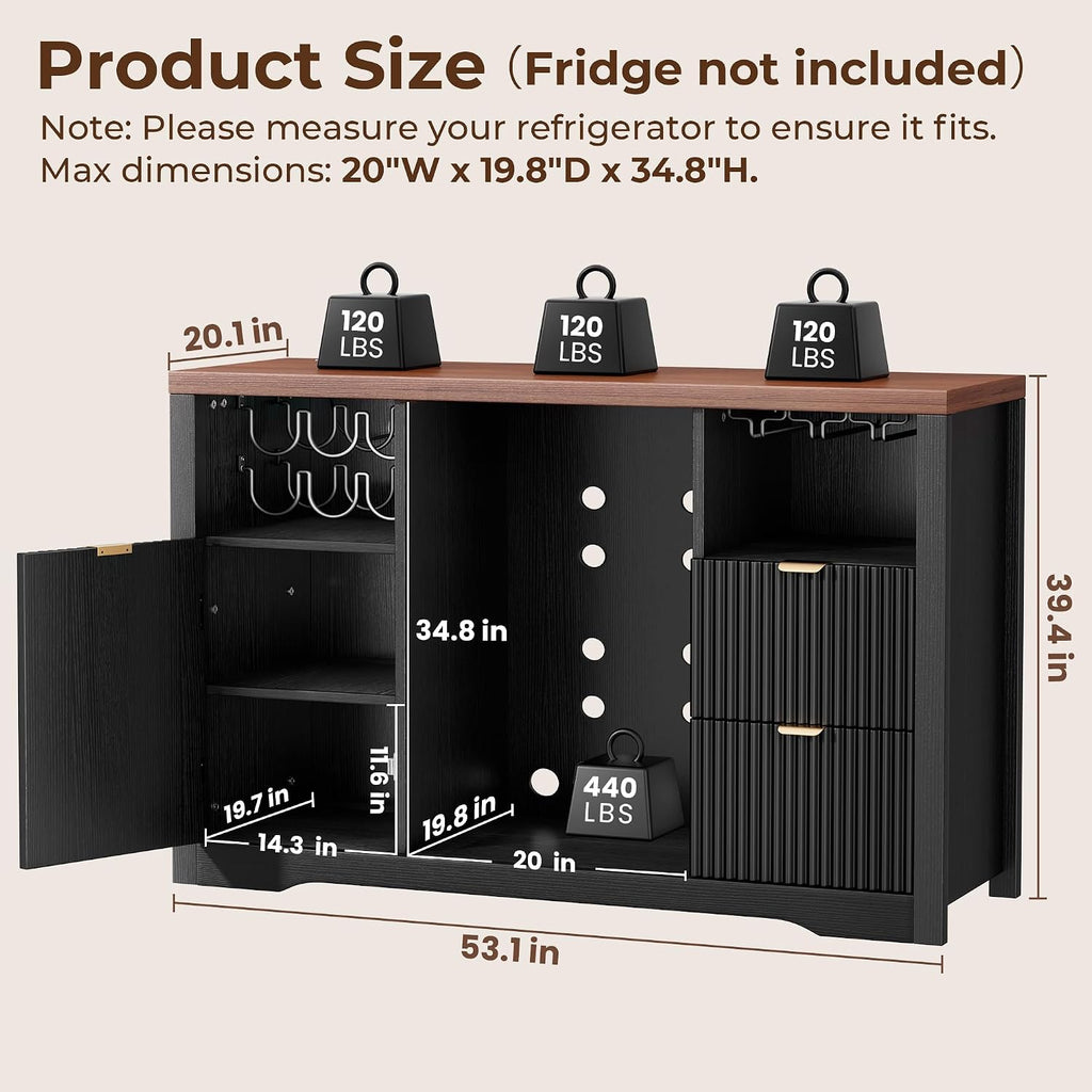 Coffee Bar Cabinet with Mini Fridge Space, 53"Wine Cabinets with Storage | Wood Fluted Liquor Cabinet with Storage