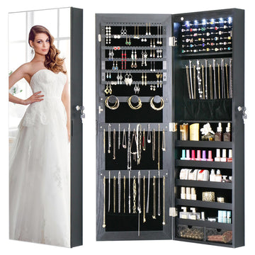 LED Jewelry Cabinet Armoire Organizer, Wall/Door Mount Jewelry Organizer and Storage with Full-Length Mirror Hanging