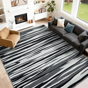 Area Rugs : Modern Abstract Black Grey and White Rug - Nonslip Washable Striped Rug Dining Room Office