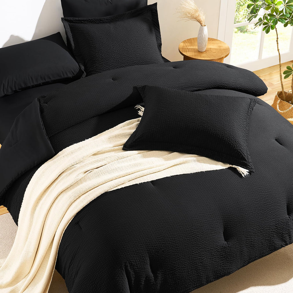 King Size Comforter Set Black - 7 Pieces Striped Seersucker Bed in a Bag, Soft Lightweight Boho Bedding Set with All