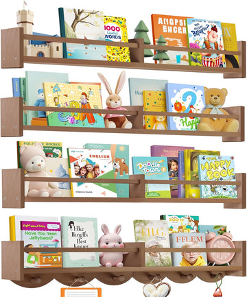 34Inch Nursery Book Shelves Wall Mounted, Floating Book Shelf for Kids Coat Rack with 6 Hooks, Wall Hanging Shelf