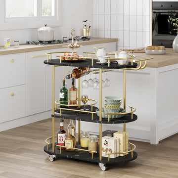 3-Tier Wheeled Bar Cart with Wine Rack Glass Holder Metal Serving Trolley,Gold Paint + Black Marble Panel